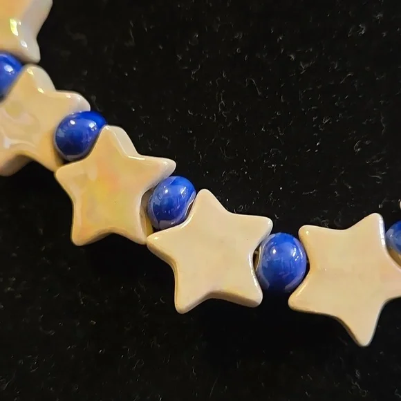 Vintage 1970's-80's Signed Flying Colors Brand Ceramic Bead Moon Stars Necklace - Picture 2 of 7